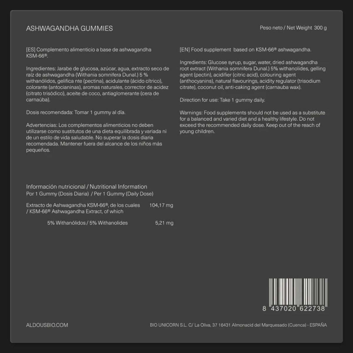 Aldous Bio Ashwagandha KSM-66, ashwagandha en formato gominola sin GMO