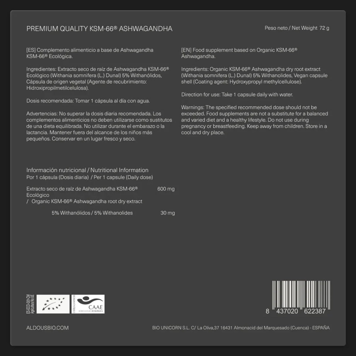 Aldous Bio Ashwagandha KSM-66 Ecológica, con certificado ecológico