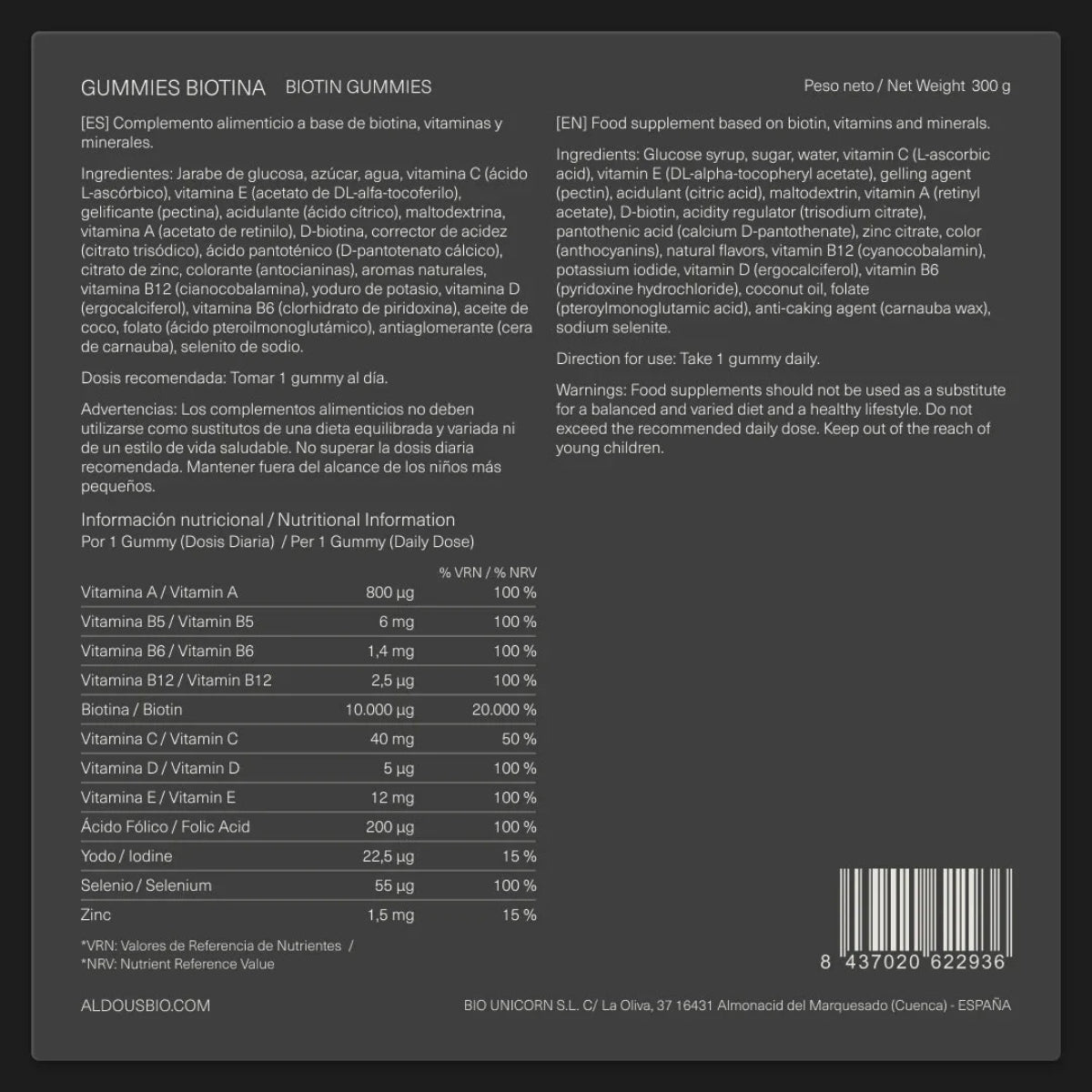 Aldous Bio Biotina con Vitaminas y Minerales, 120 gominolas de absorción directa sin agua