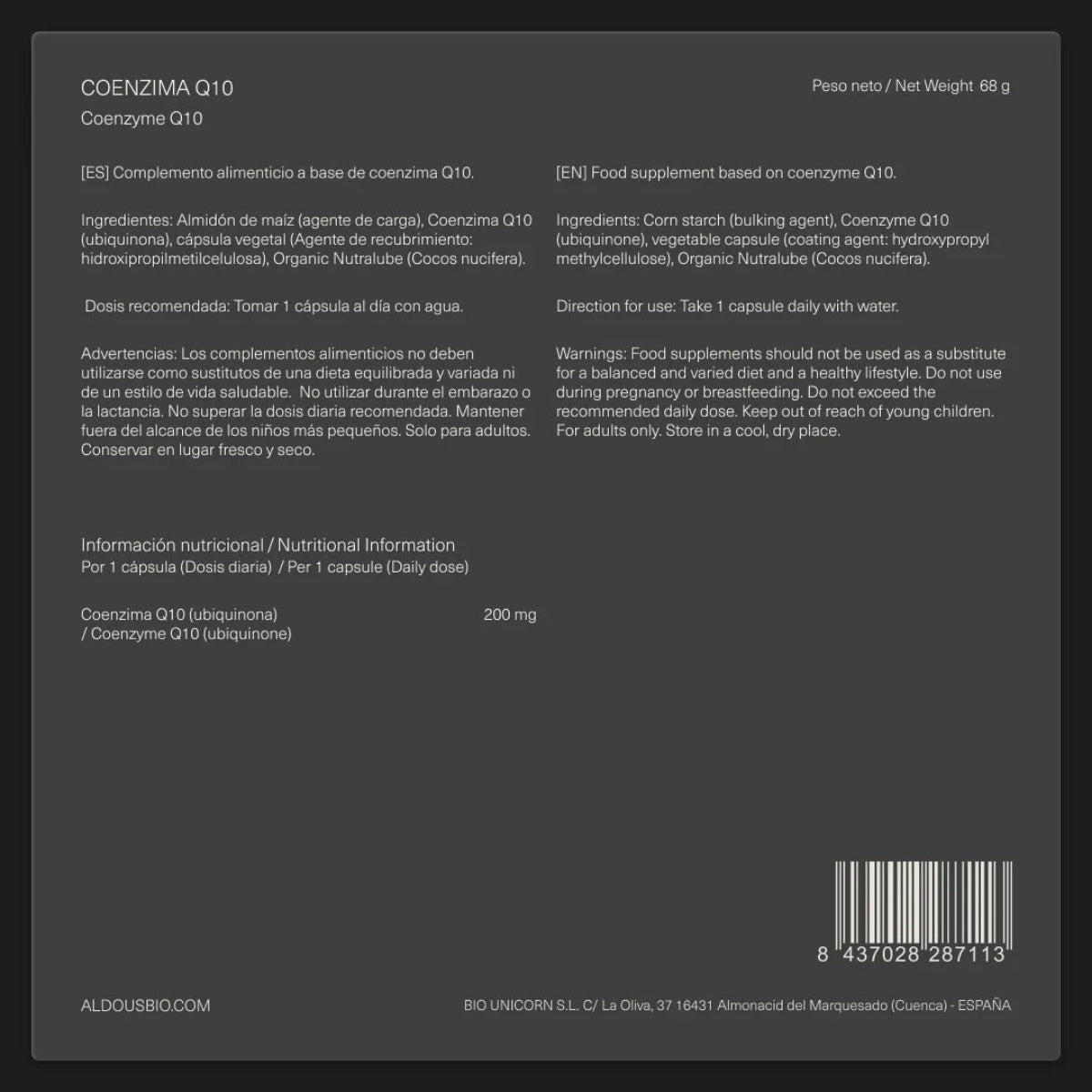 Aldous Bio Coenzima Q10 200 mg, 125 cápsulas blandas para 125 días