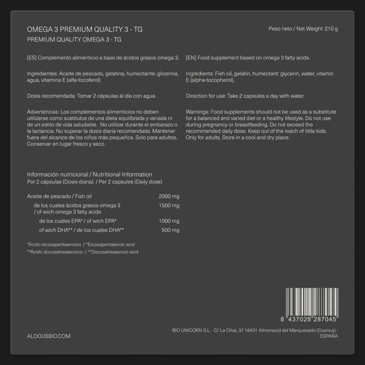 Aldous Bio Omega 3 Premium, 150 cápsulas blandas sin GMO ni colorantes para 75 días