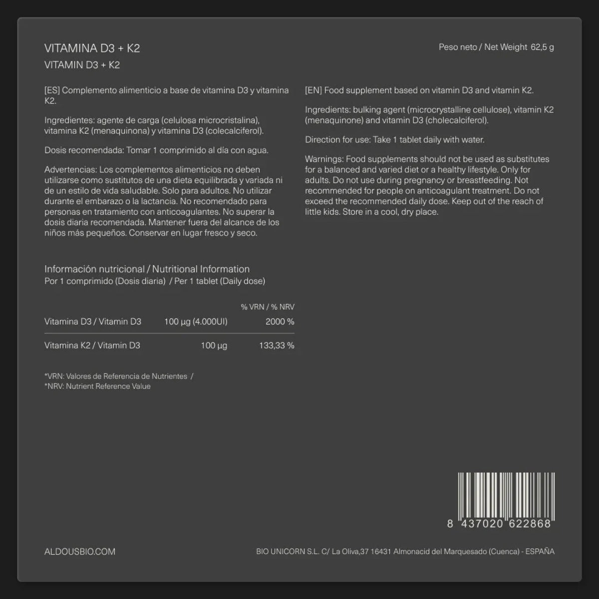 Aldous Bio Vitamina D3 + K2, 250 comprimidos aptos para vegetarianos