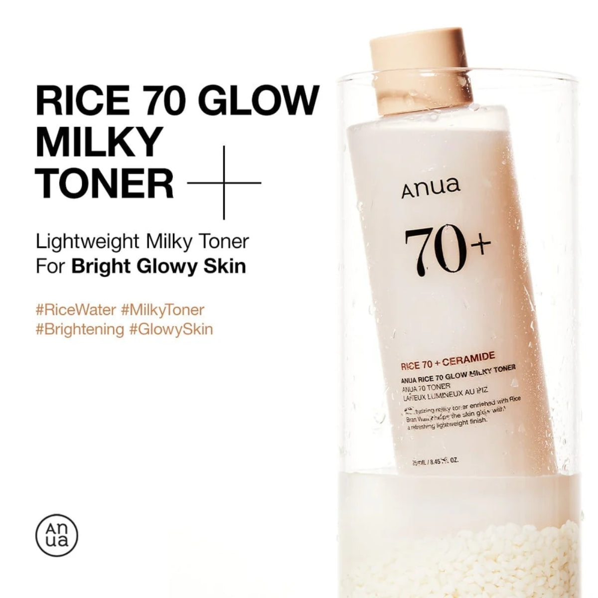Anua Rice 70+ Ceramide Glow Milky Toner 250 ml con 70% de agua de salvado de arroz