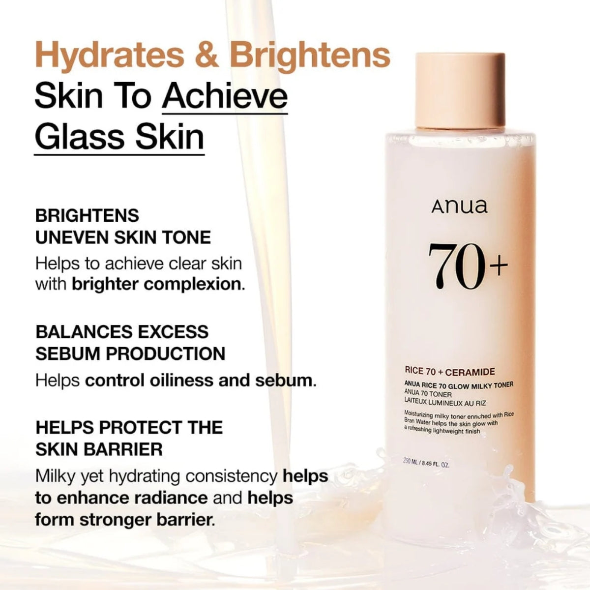 Anua Rice 70+ Ceramide Glow Milky Toner con niacinamida que aporta luminosidad