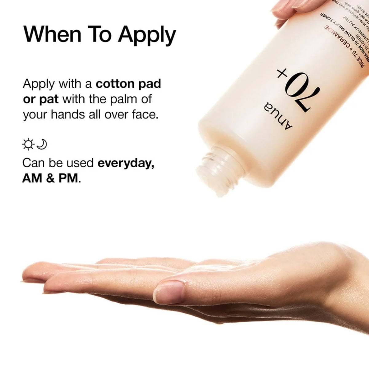 Anua Rice 70+ Ceramide Glow Milky Toner, sin fragancia y de rápida absorción