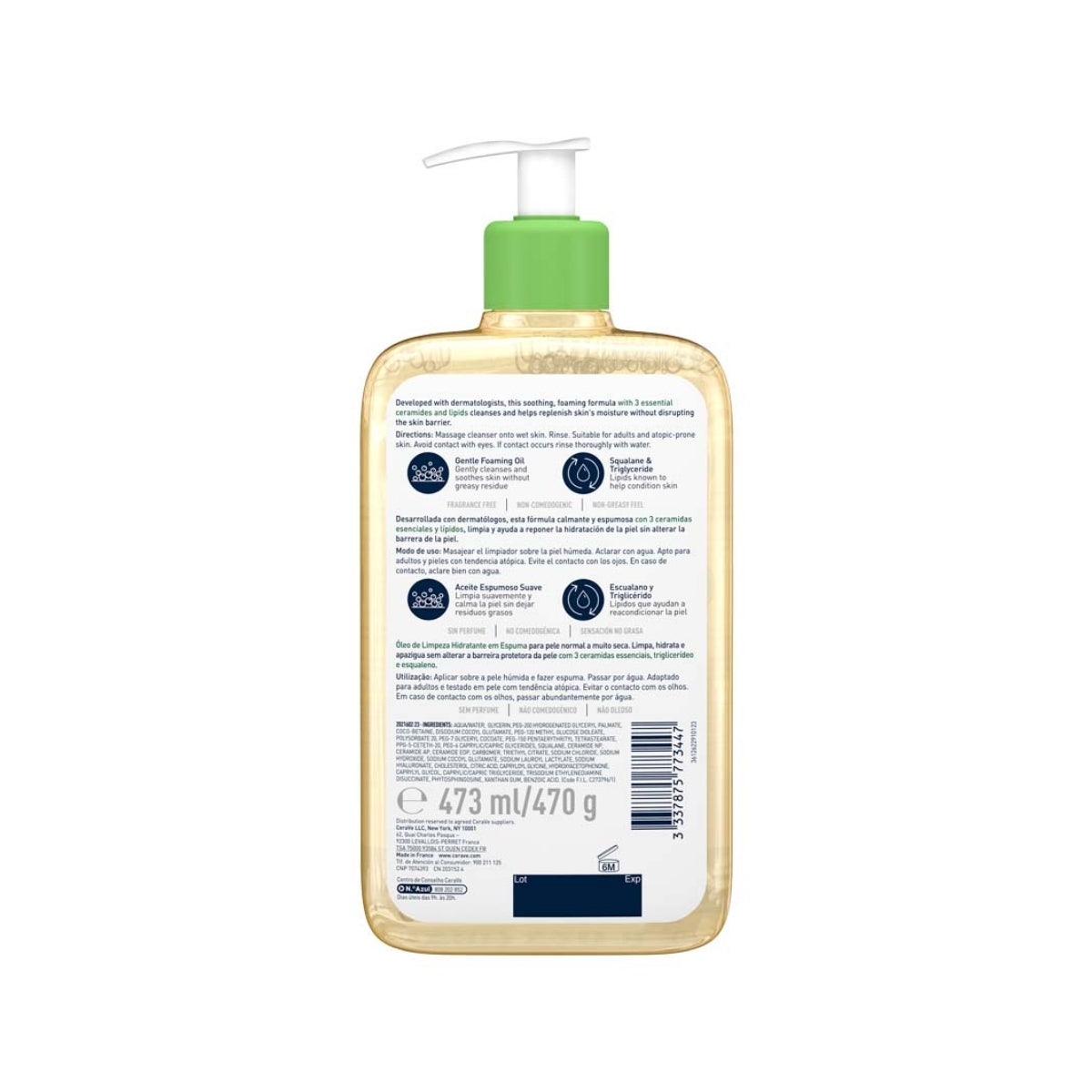 CeraVe Aceite Limpiador Hidratante Espumoso 473 ml con 3 ceramidas esenciales y lípidos