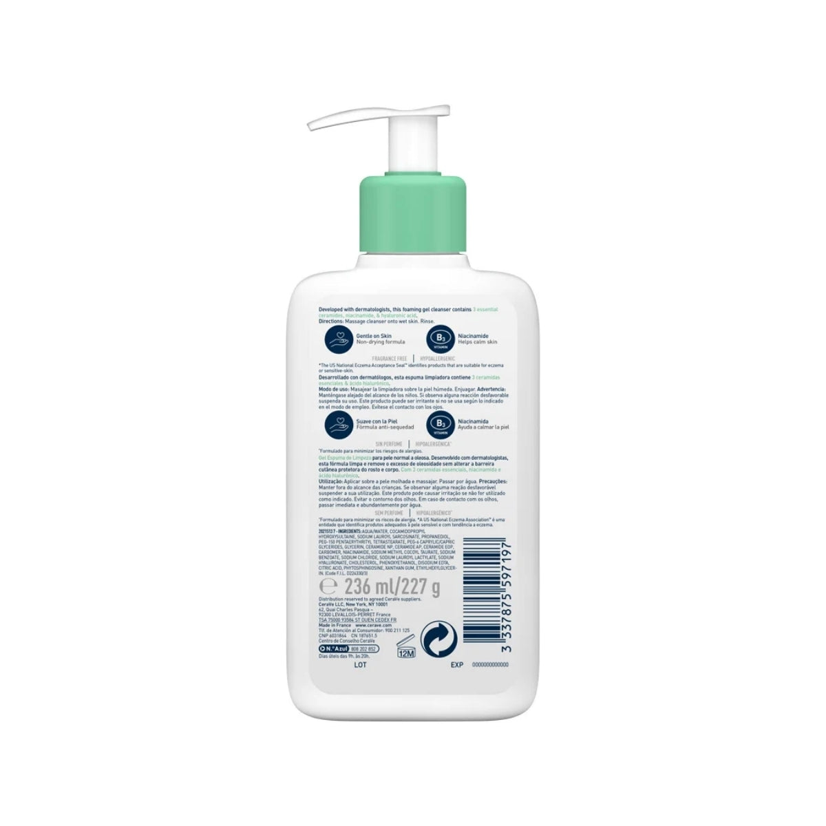 CeraVe Gel Limpiador Espumoso con 3 ceramidas esenciales, ácido hialurónico y niacinamida