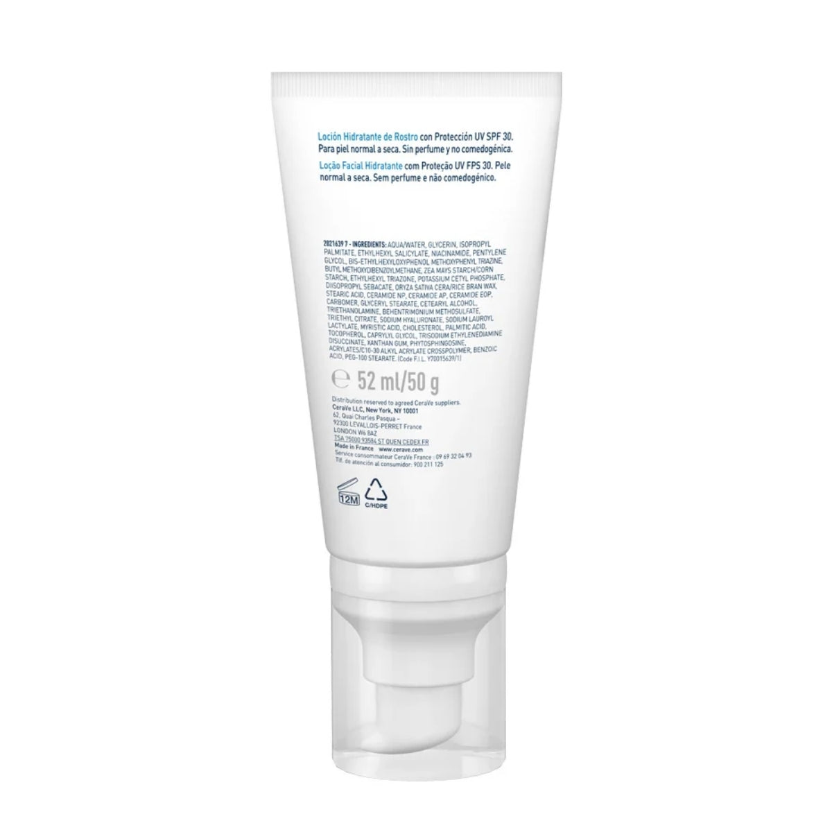 CeraVe Loción Hidratante de Rostro 52 ml con 3 ceramidas esenciales y ácido hialurónico