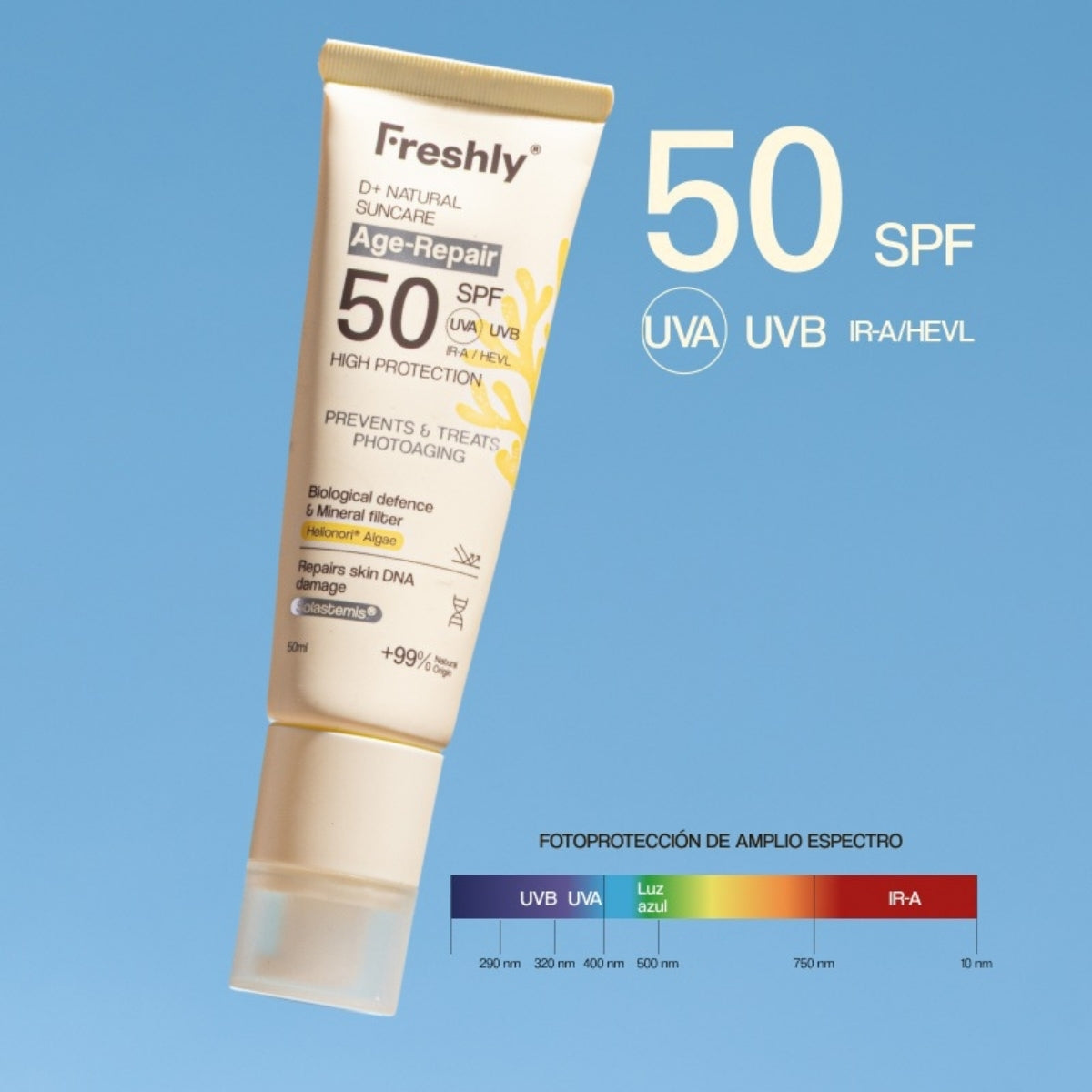 Freshly Cosmetics D+ Natural Suncare Age-Repair SPF 50, estimula los receptores de vitamina D
