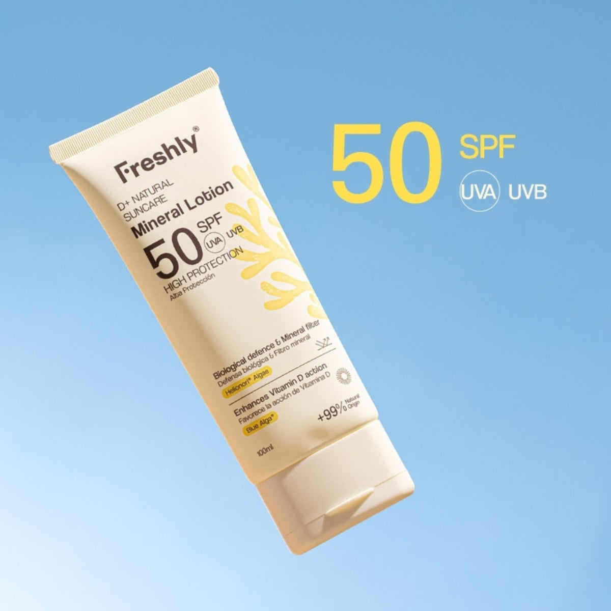 Freshly Cosmetics D+ Natural Suncare Mineral Lotion SPF 50, sin filtros químicos ni nanopartículas