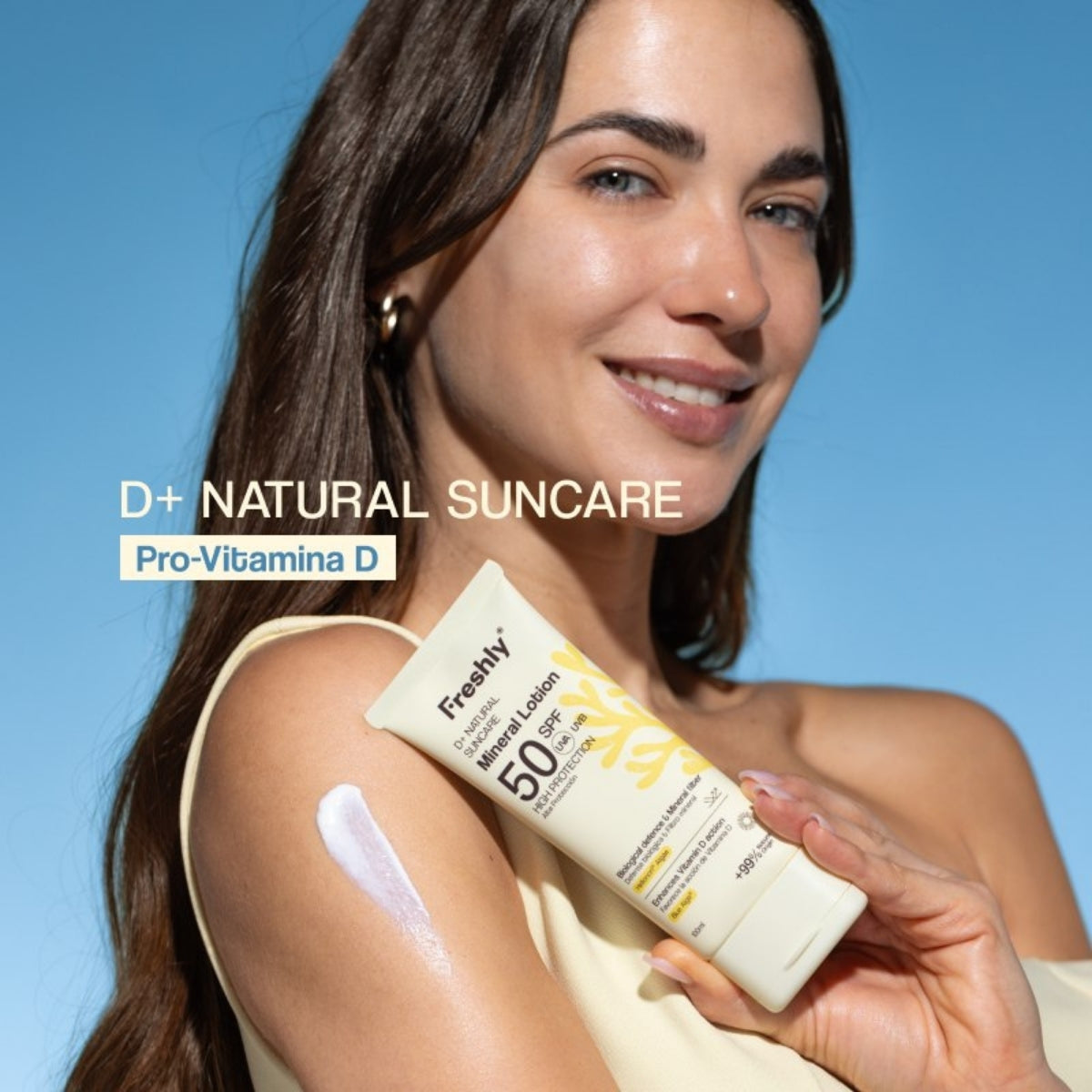 Freshly Cosmetics D+ Natural Suncare Mineral Lotion SPF 50, textura fluida de rápida absorción