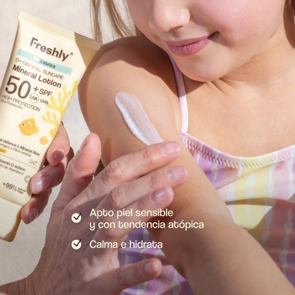 Freshly Cosmetics D+ Natural Suncare Pediatrics Mineral Lotion, sin filtros químicos ni nanopartículas