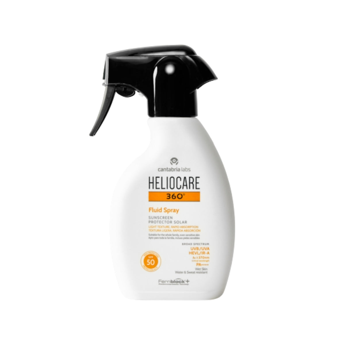 Heliocare 360° Fluid Spray SPF 50, amplio espectro UVB, UVA, visible e infrarrojo con PA++++