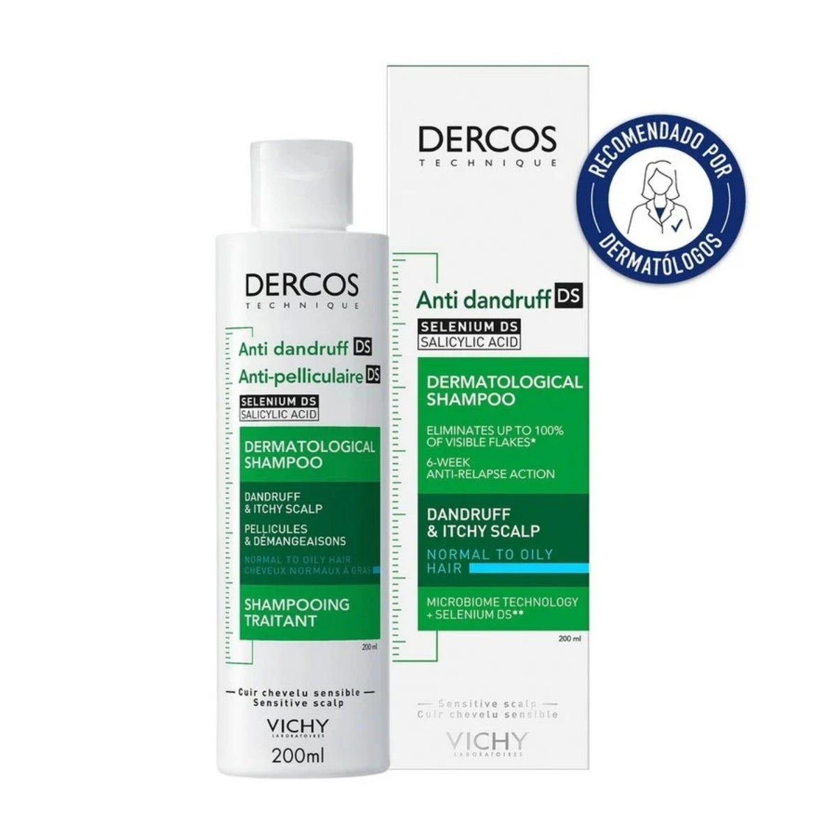 Vichy Dercos Champú Anticaspa Normal y Graso, elimina el 100% de la caspa visible
